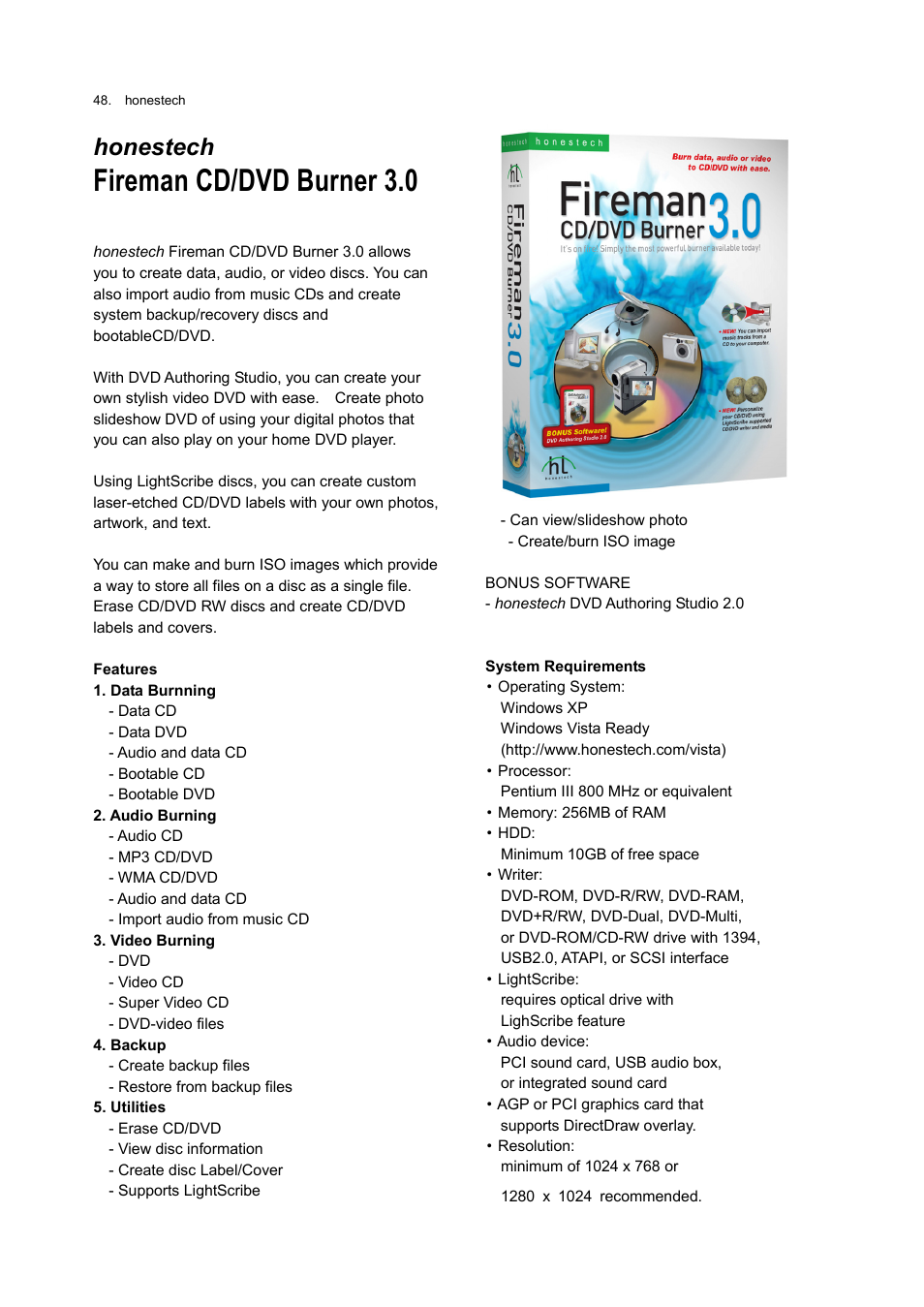 Fireman cd/dvd burner 3.0, Honestech | Honestech Rapid Video Blogger User Manual | Page 48 / 61