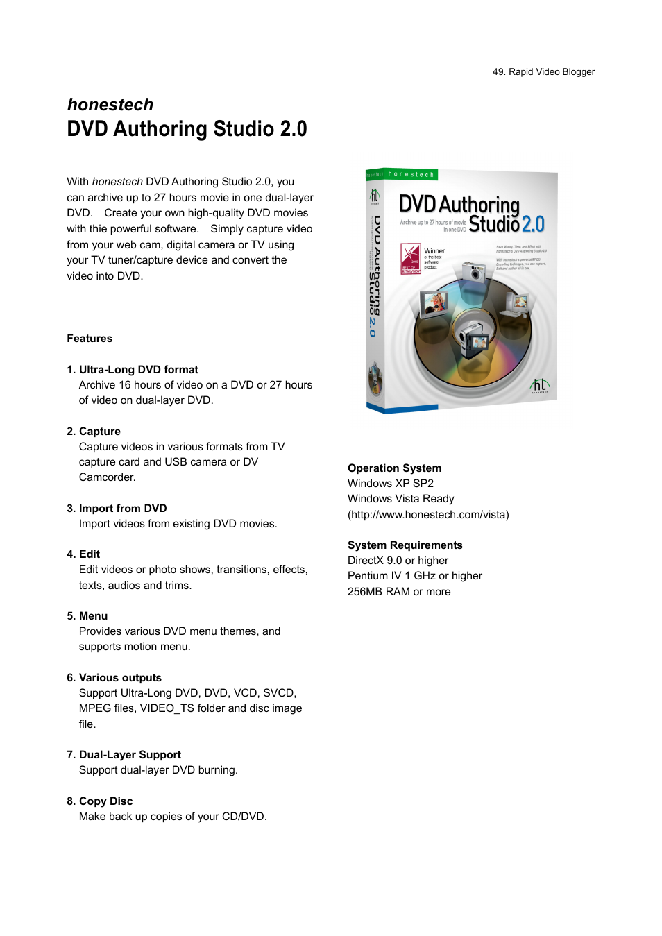 Dvd authoring studio 2.0, Honestech | Honestech Rapid Video Blogger User Manual | Page 49 / 61