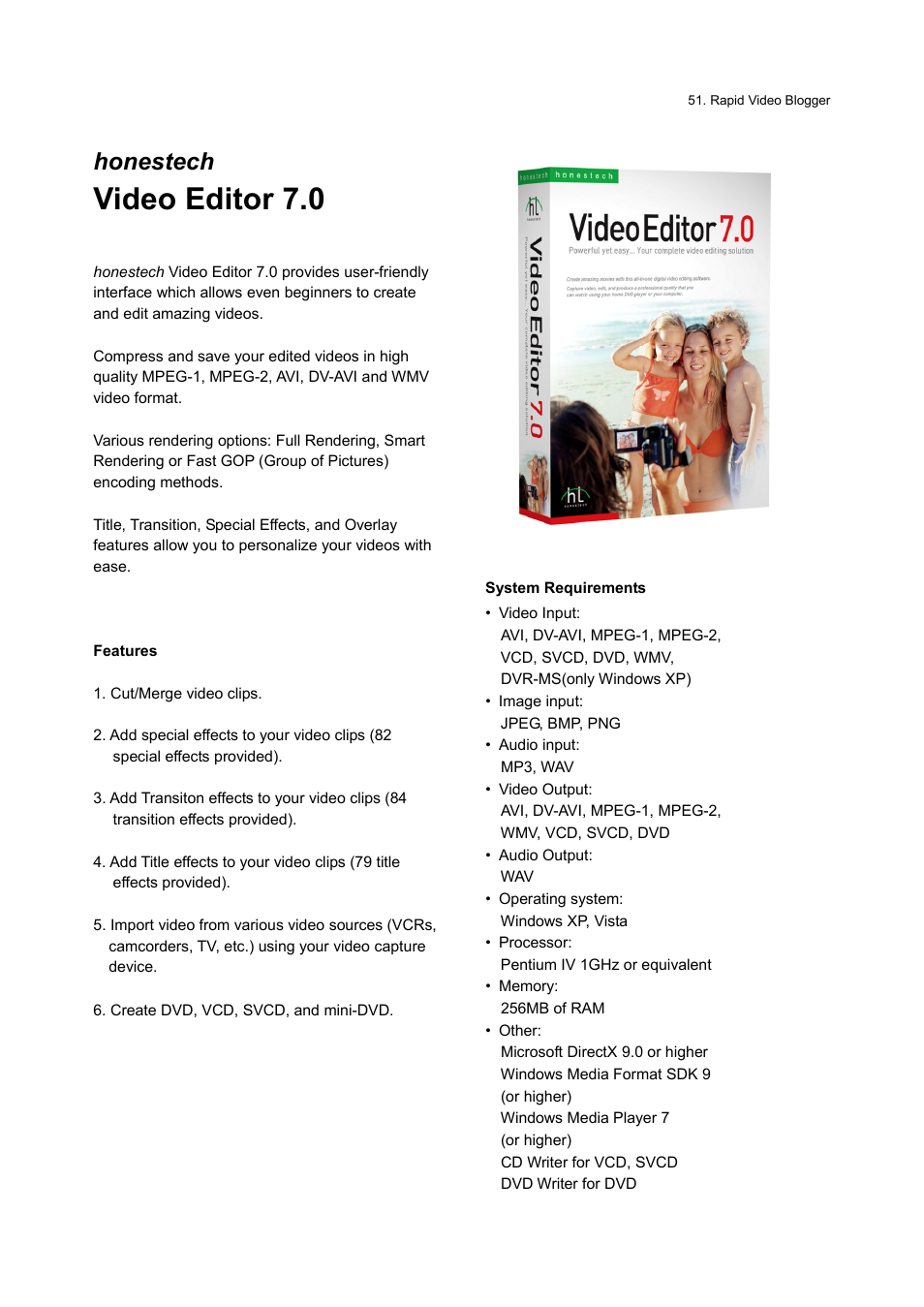 Video editor 7.0, Honestech | Honestech Rapid Video Blogger User Manual | Page 51 / 61