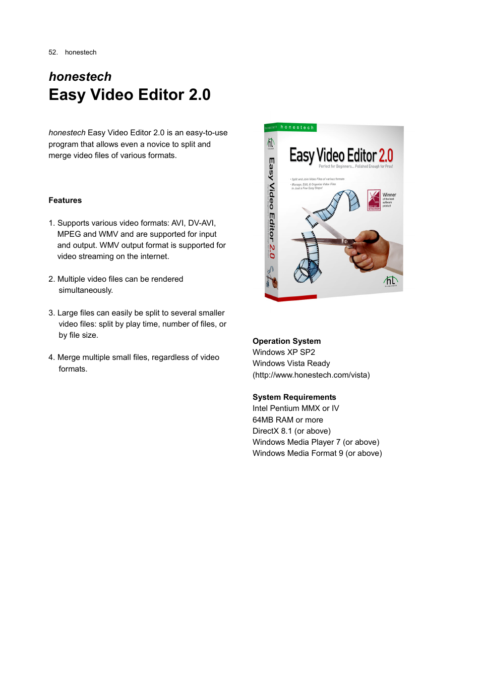 Easy video editor 2.0, Honestech | Honestech Rapid Video Blogger User Manual | Page 52 / 61