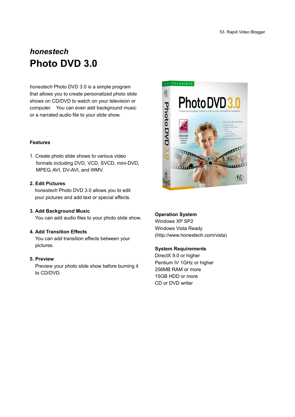 Photo dvd 3.0, Honestech | Honestech Rapid Video Blogger User Manual | Page 53 / 61