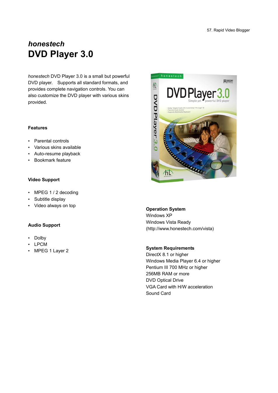 Dvd player 3.0 | Honestech Rapid Video Blogger User Manual | Page 57 / 61