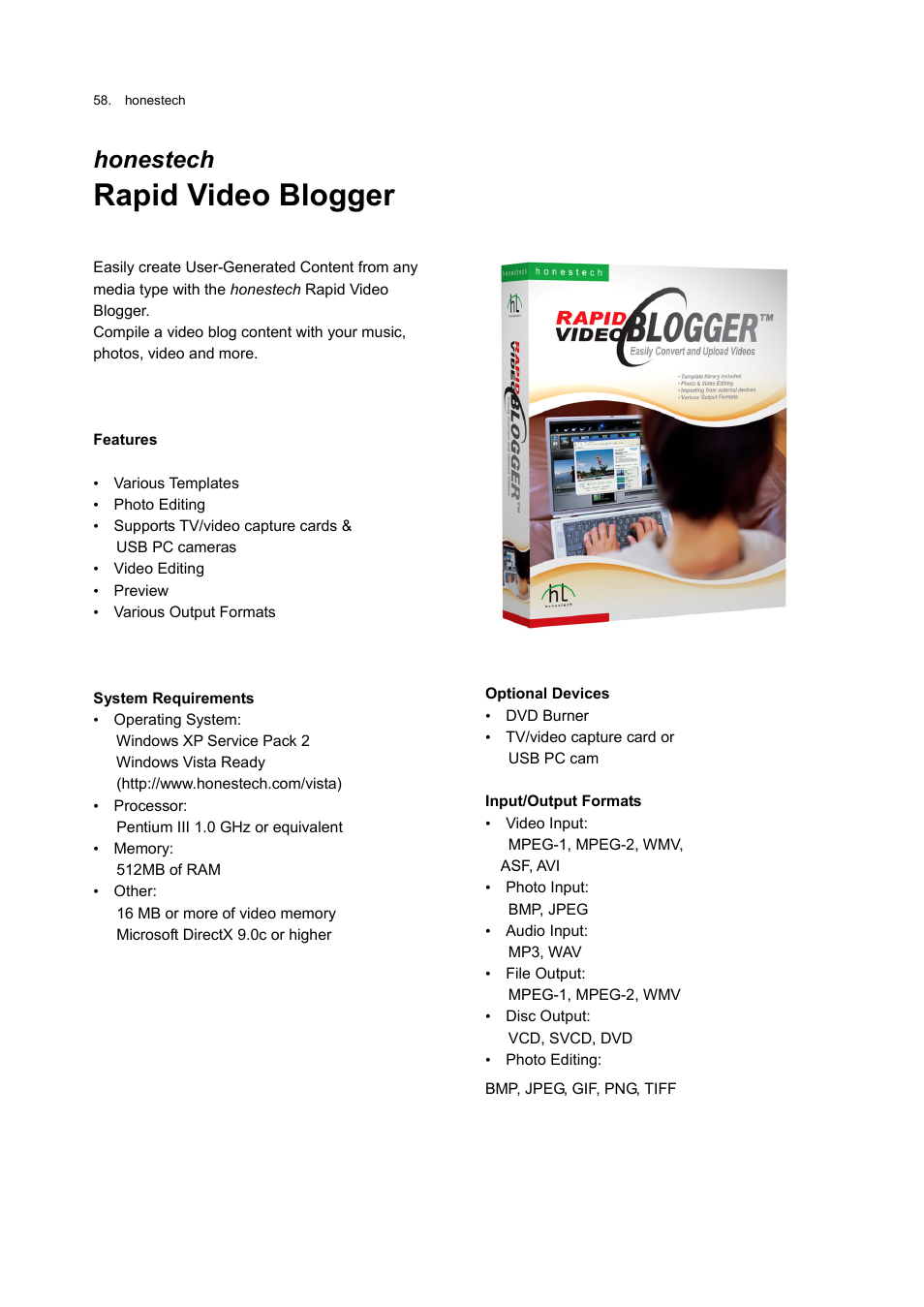 Rapid video blogger, Honestech | Honestech Rapid Video Blogger User Manual | Page 58 / 61