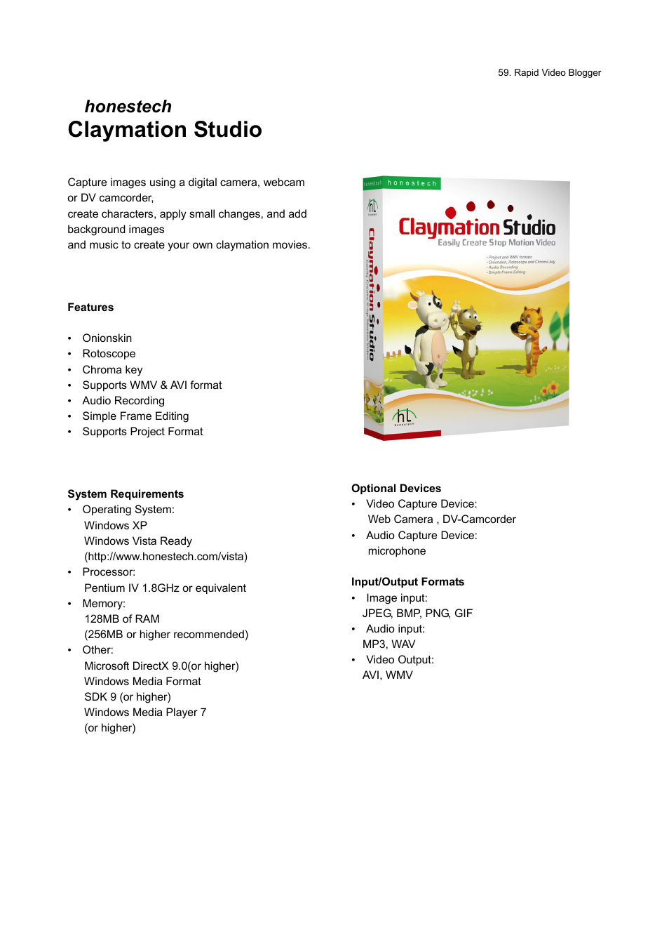 Claymation studio, Honestech | Honestech Rapid Video Blogger User Manual | Page 59 / 61