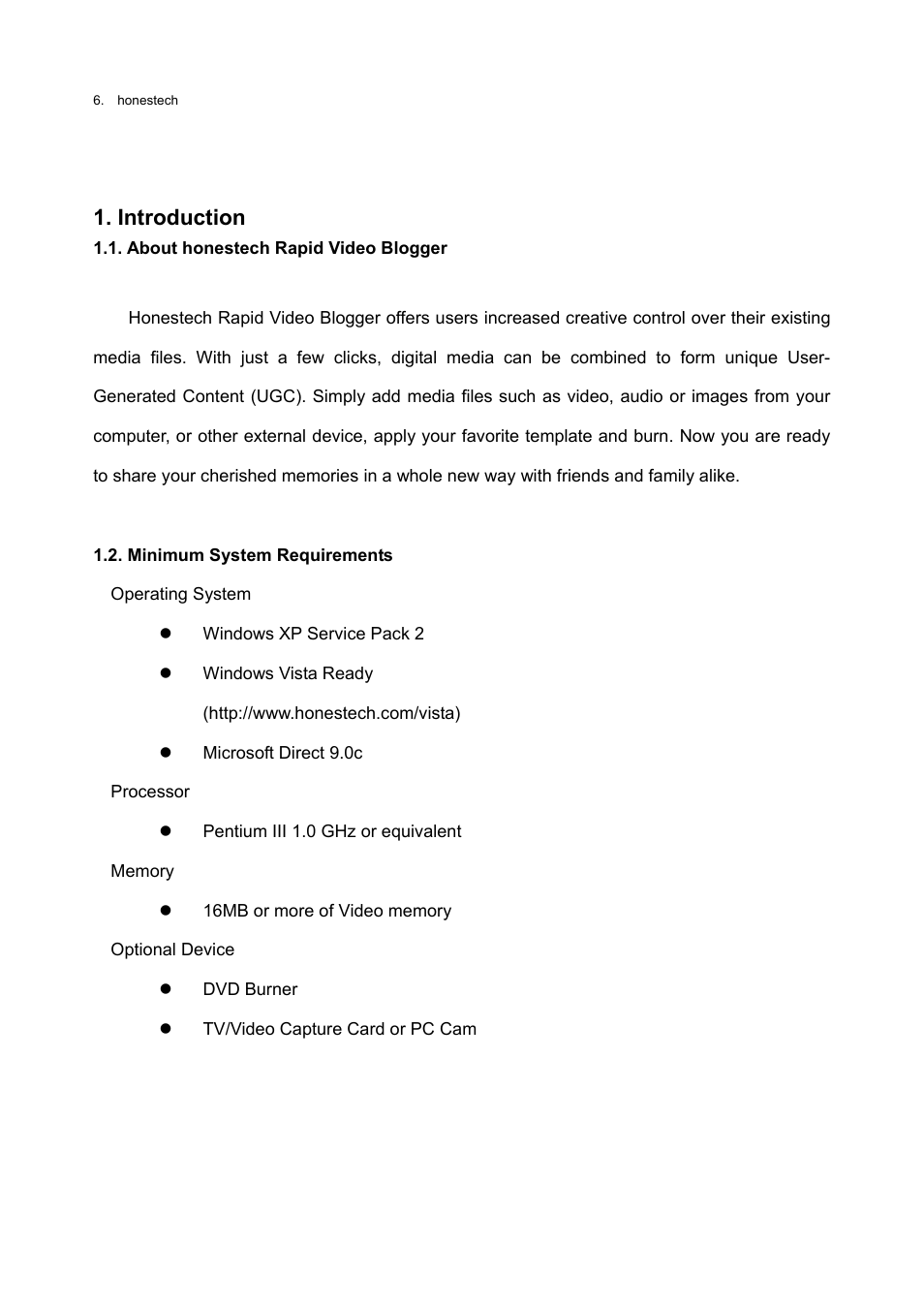 Introduction, Minimum system requirements | Honestech Rapid Video Blogger User Manual | Page 6 / 61