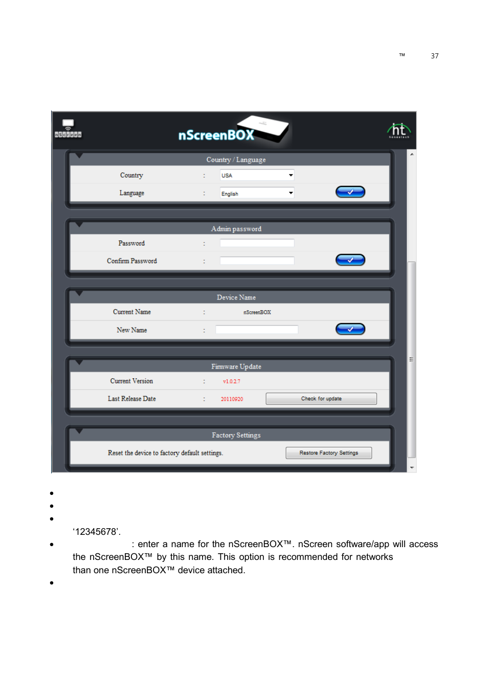 Factory reset | Honestech nScreen Deluxe User Manual | Page 37 / 43
