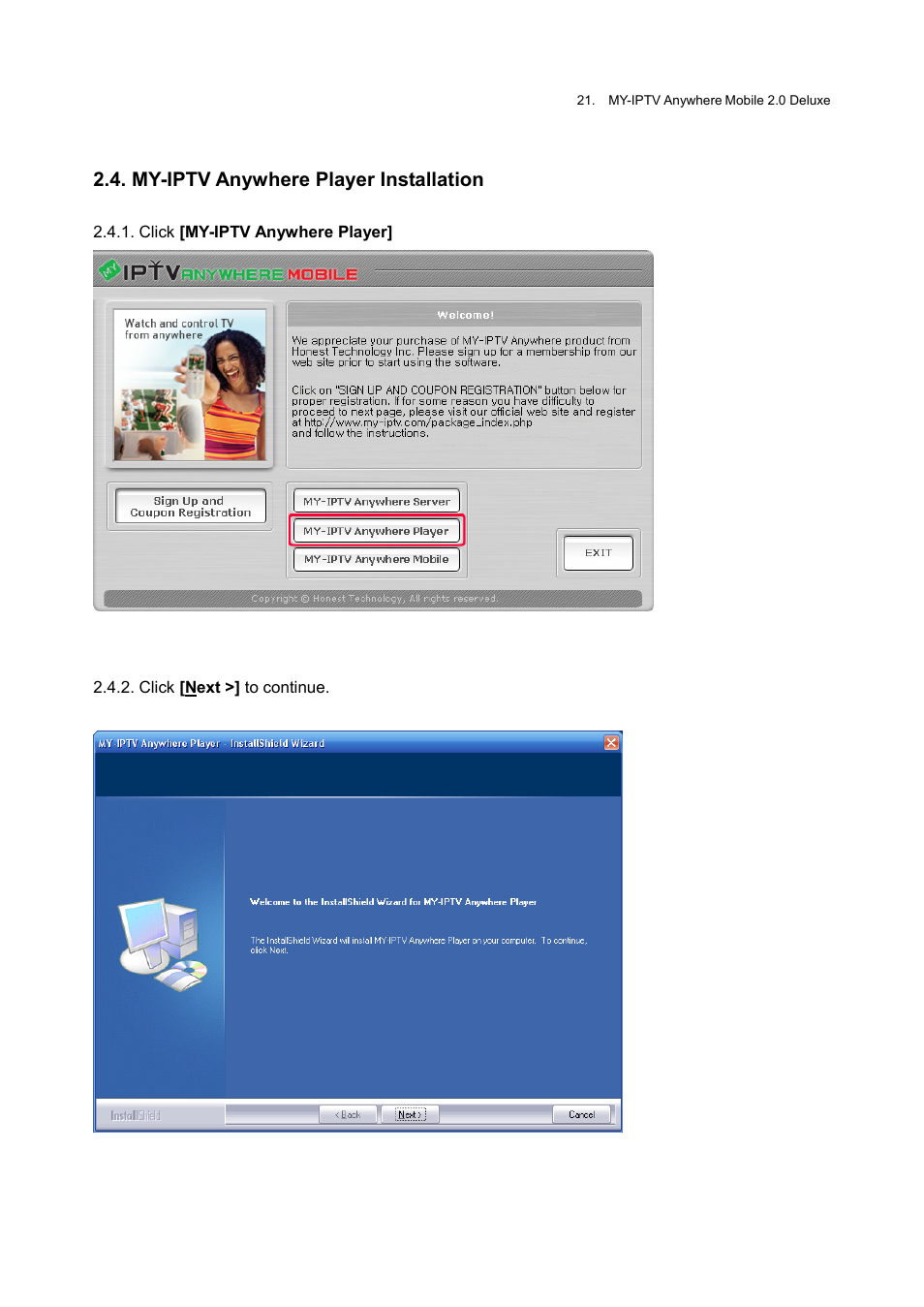 My-iptv anywhere player installation | Honestech MY-IPTV Anywhere Mobile 2.0 Deluxe User Manual | Page 21 / 78