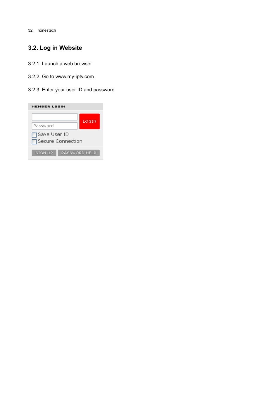 Log in website | Honestech MY-IPTV Anywhere Mobile 2.0 Deluxe User Manual | Page 32 / 78