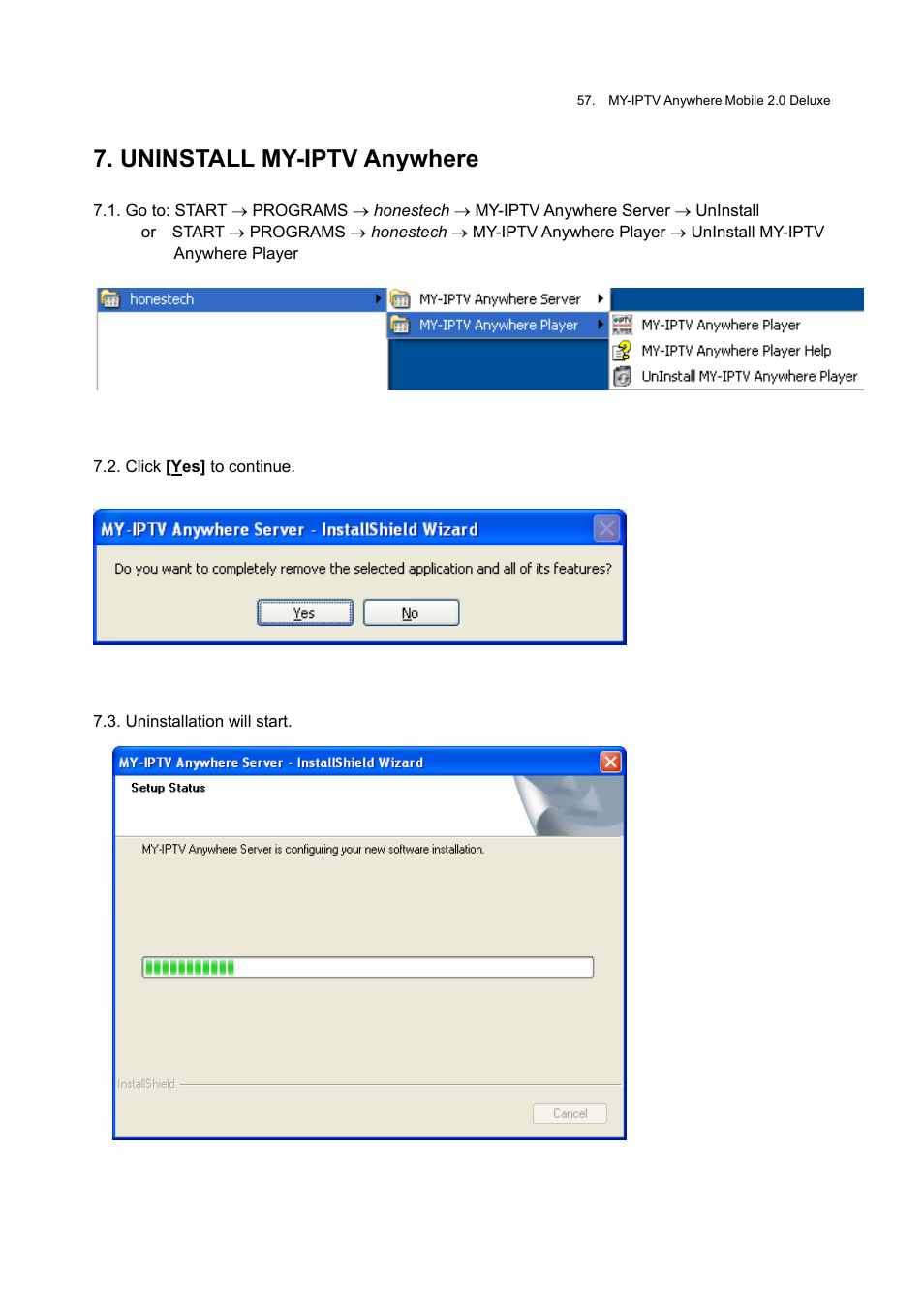Uninstall my-iptv anywhere, My-iptv anywhere, Uninstall | Honestech MY-IPTV Anywhere Mobile 2.0 Deluxe User Manual | Page 57 / 78