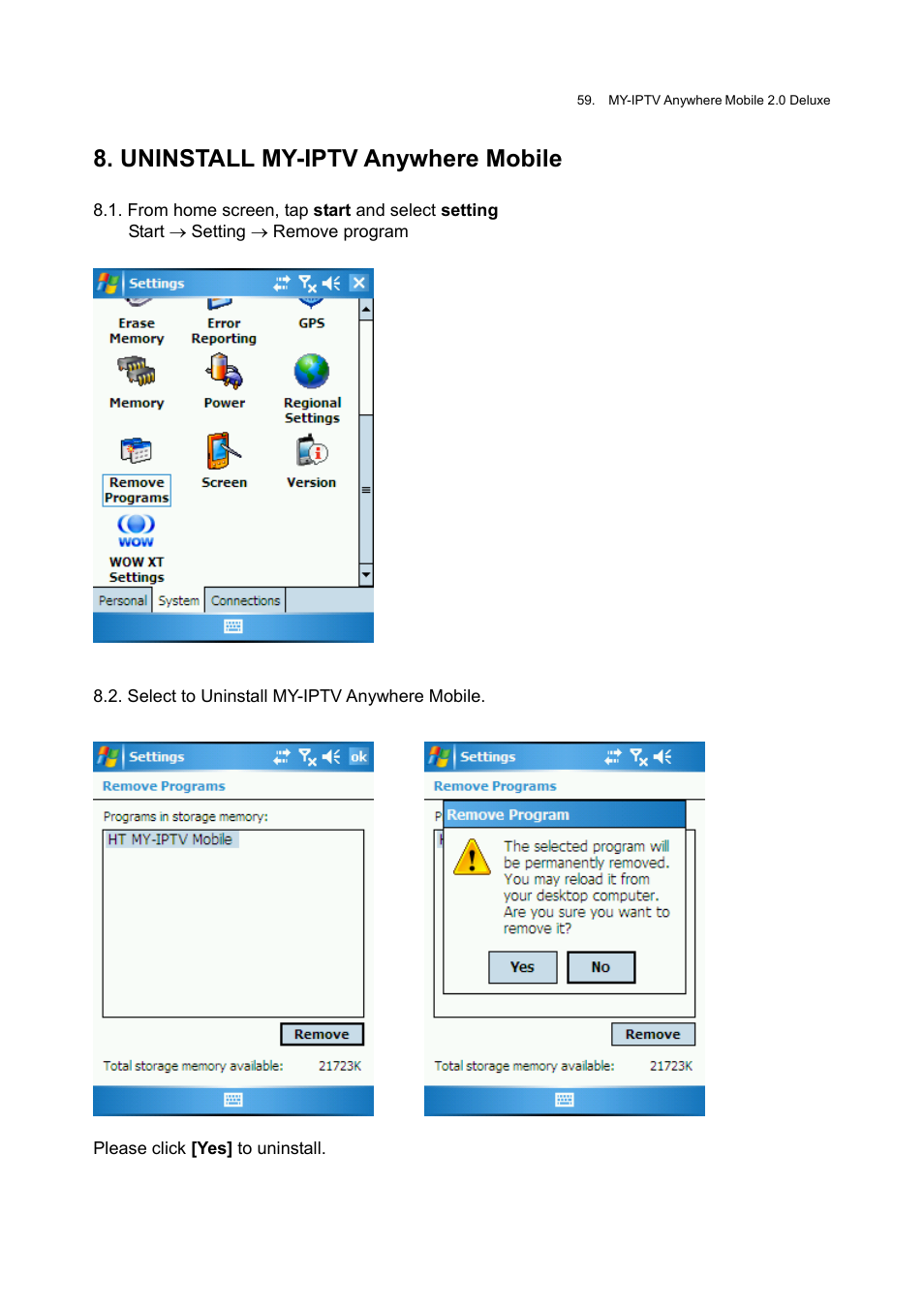 Uninstall my-iptv anywhere mobile, Tv anywhere mobile, Uninstall my-ip | Honestech MY-IPTV Anywhere Mobile 2.0 Deluxe User Manual | Page 59 / 78