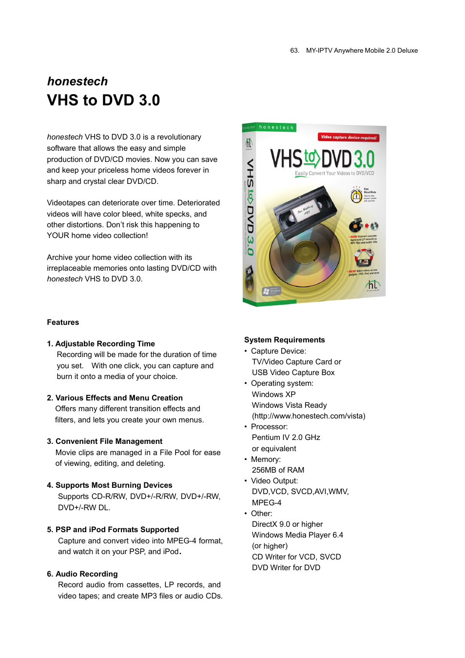 Vhs to dvd 3.0, Onestech | Honestech MY-IPTV Anywhere Mobile 2.0 Deluxe User Manual | Page 63 / 78