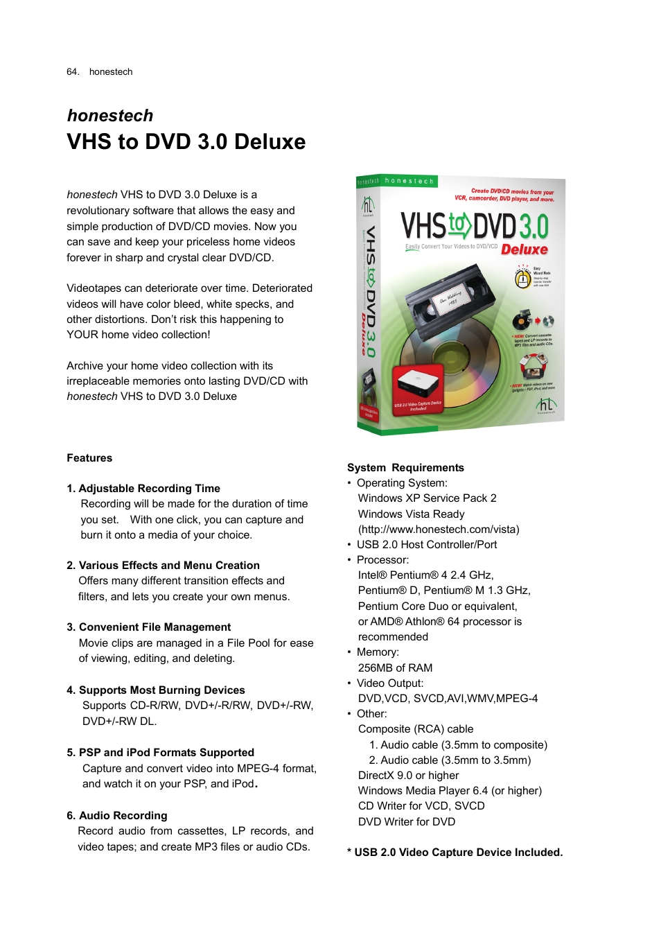 Eluxe, Vhs to dvd 3.0 d, Honestech | Honestech MY-IPTV Anywhere Mobile 2.0 Deluxe User Manual | Page 64 / 78