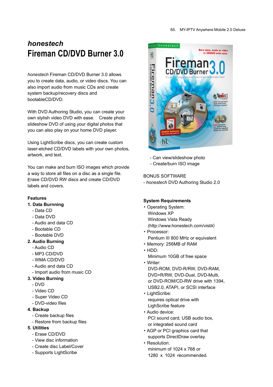 Fireman cd/dvd burner 3.0, Honestech | Honestech MY-IPTV Anywhere Mobile 2.0 Deluxe User Manual | Page 65 / 78