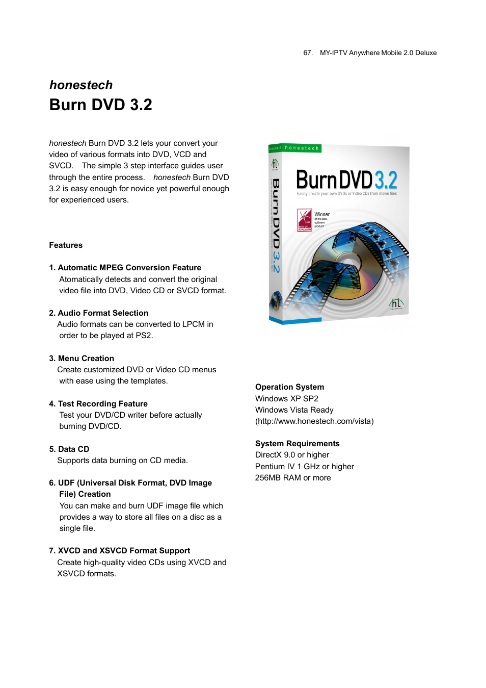 Burn dvd 3.2, Honestech | Honestech MY-IPTV Anywhere Mobile 2.0 Deluxe User Manual | Page 67 / 78