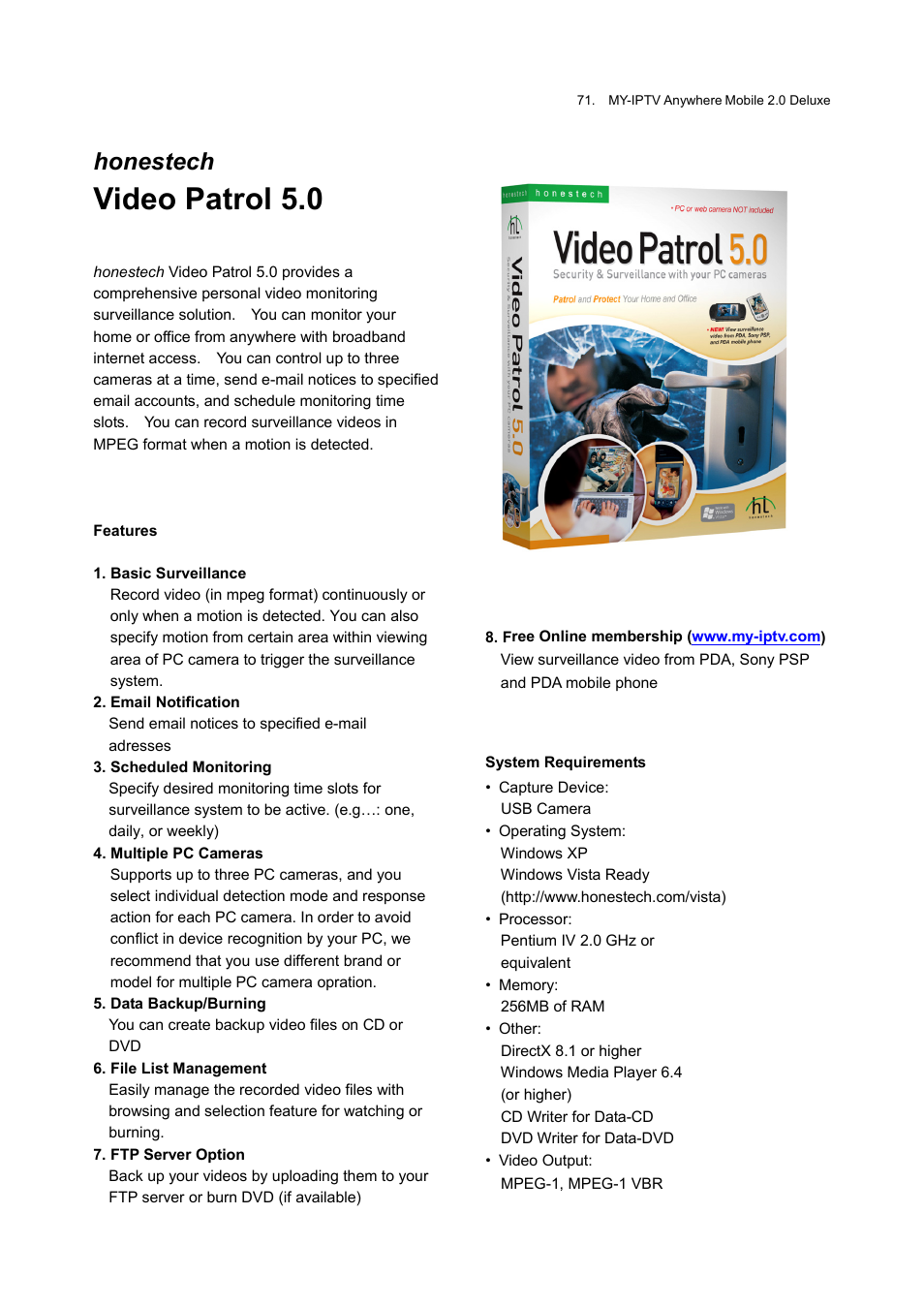 Video patrol 5.0, Onestech | Honestech MY-IPTV Anywhere Mobile 2.0 Deluxe User Manual | Page 71 / 78