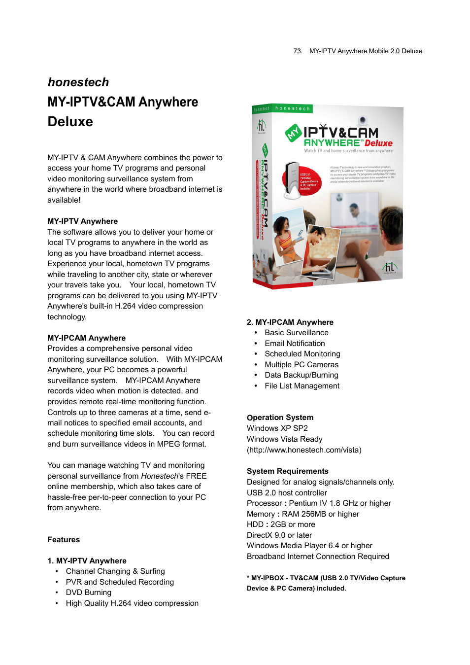My-iptv&cam anywhere deluxe, Honestech | Honestech MY-IPTV Anywhere Mobile 2.0 Deluxe User Manual | Page 73 / 78