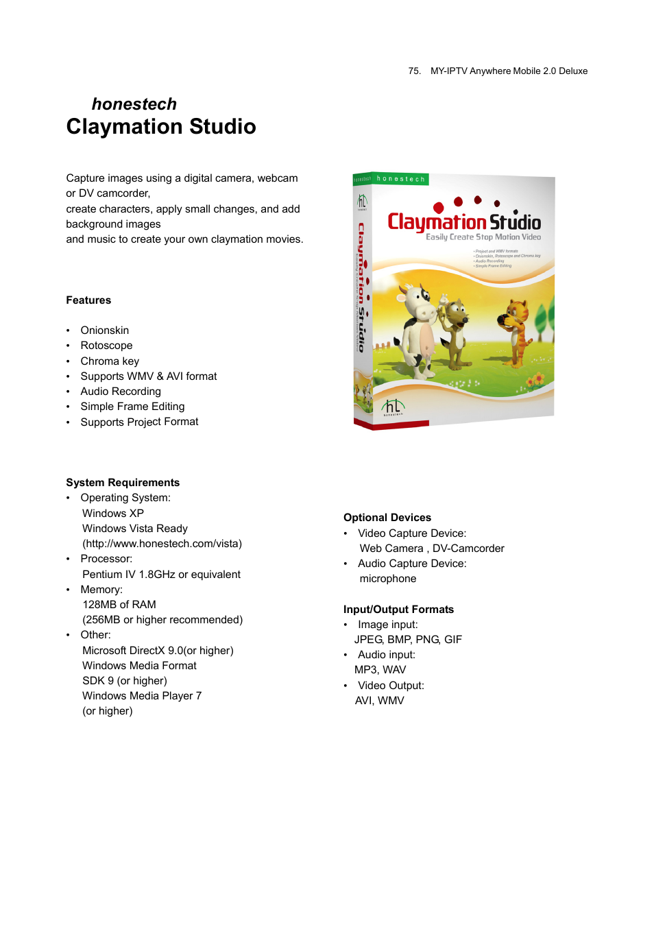Tudio, Claymation s, Honestech | Honestech MY-IPTV Anywhere Mobile 2.0 Deluxe User Manual | Page 75 / 78