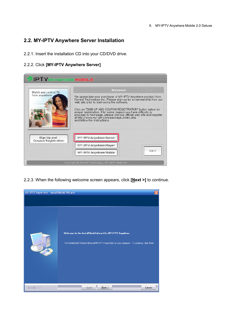 My-iptv anywhere server installation | Honestech MY-IPTV Anywhere Mobile 2.0 Deluxe User Manual | Page 9 / 78