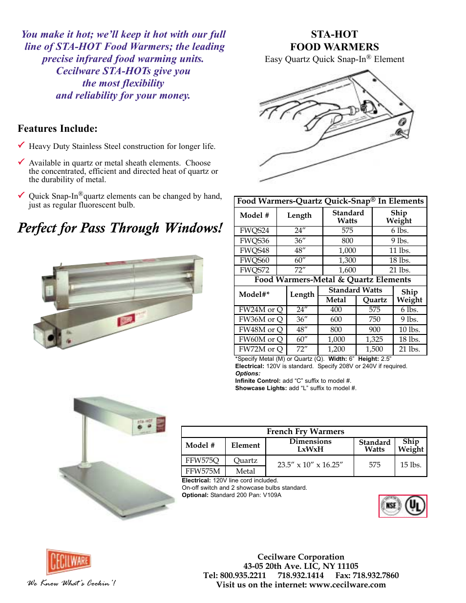 Perfect for pass through windows, Sta-hot food warmers | Cecilware FFW575 User Manual | Page 2 / 2