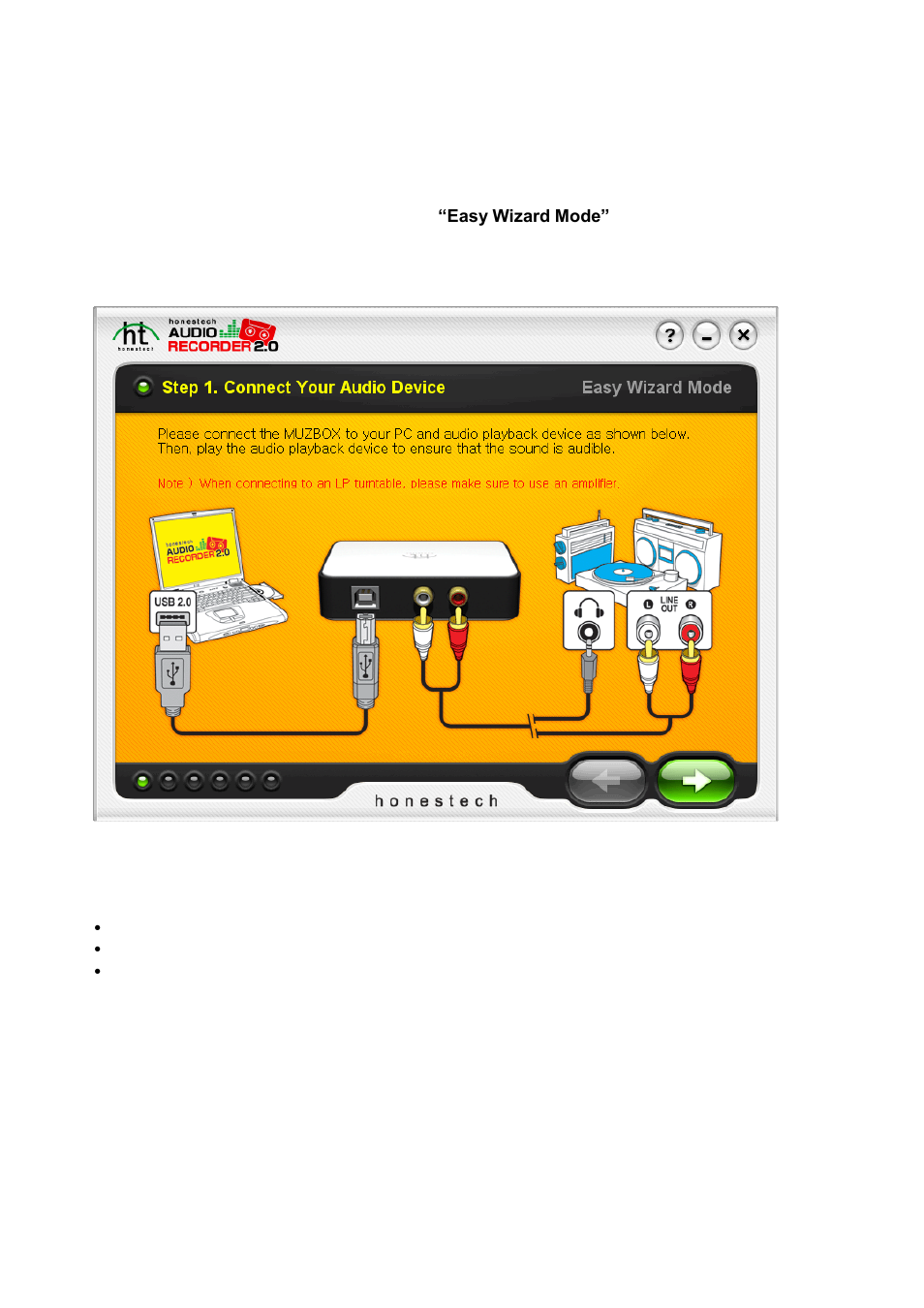 Easy wizard mode, Step 1. connect your audio device | Honestech Audio Recorder 2.0 Deluxe User Manual | Page 12 / 49
