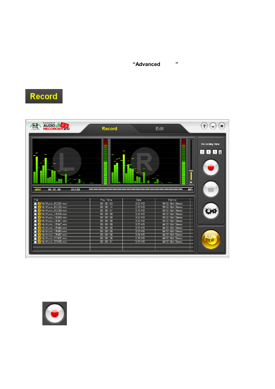 Advanced mode, Record | Honestech Audio Recorder 2.0 Deluxe User Manual | Page 21 / 49