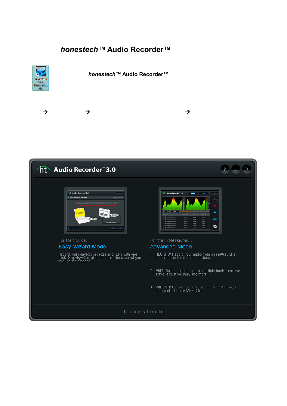 Sing honestech, Udio, Ecorder | Using honestech™ audio recorder™ 3.0 plus | Honestech Audio Recorder 3.0 Plus User Manual | Page 11 / 43