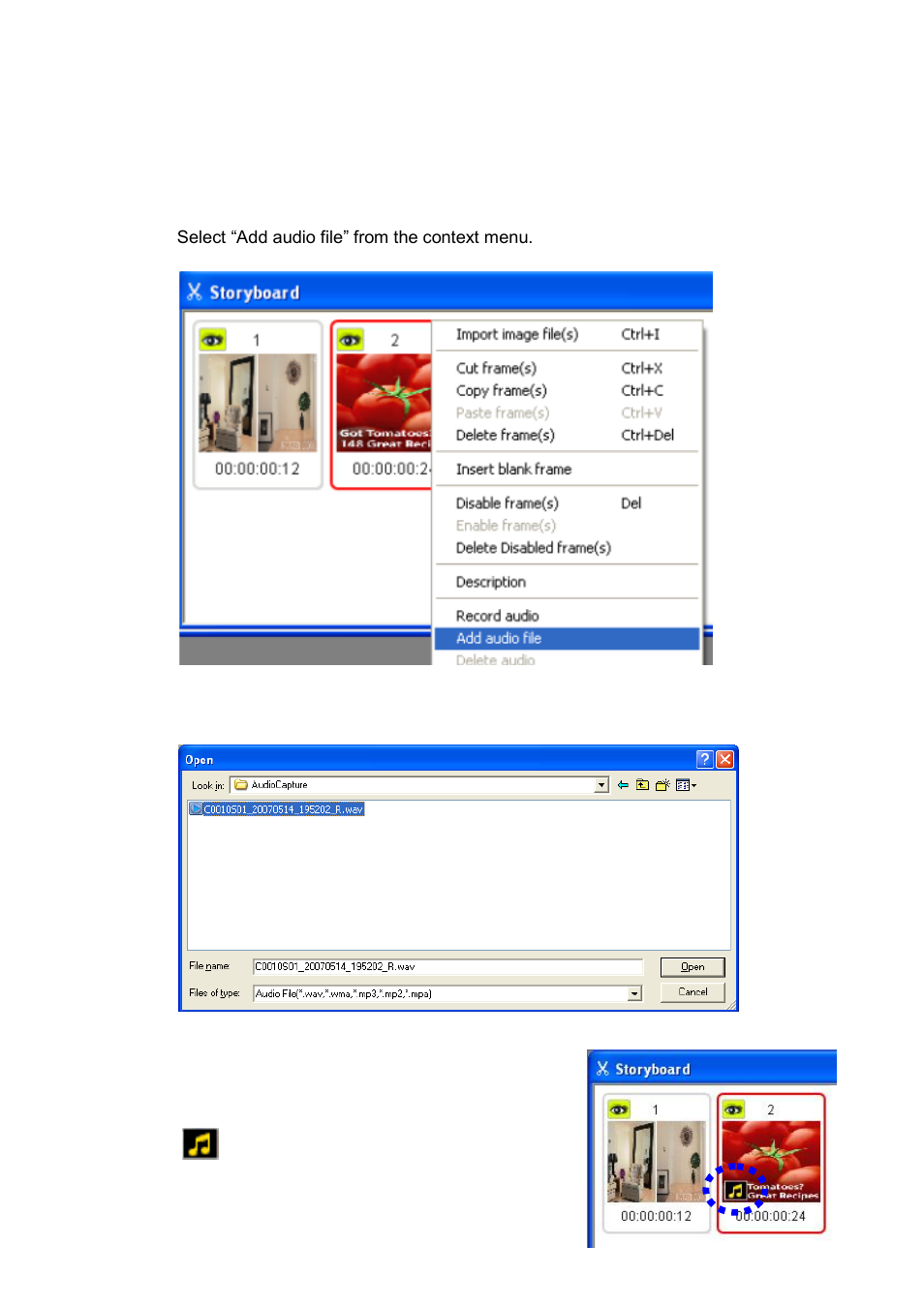 Add audio file, Delete audio | Honestech Claymation Studio User Manual | Page 29 / 64