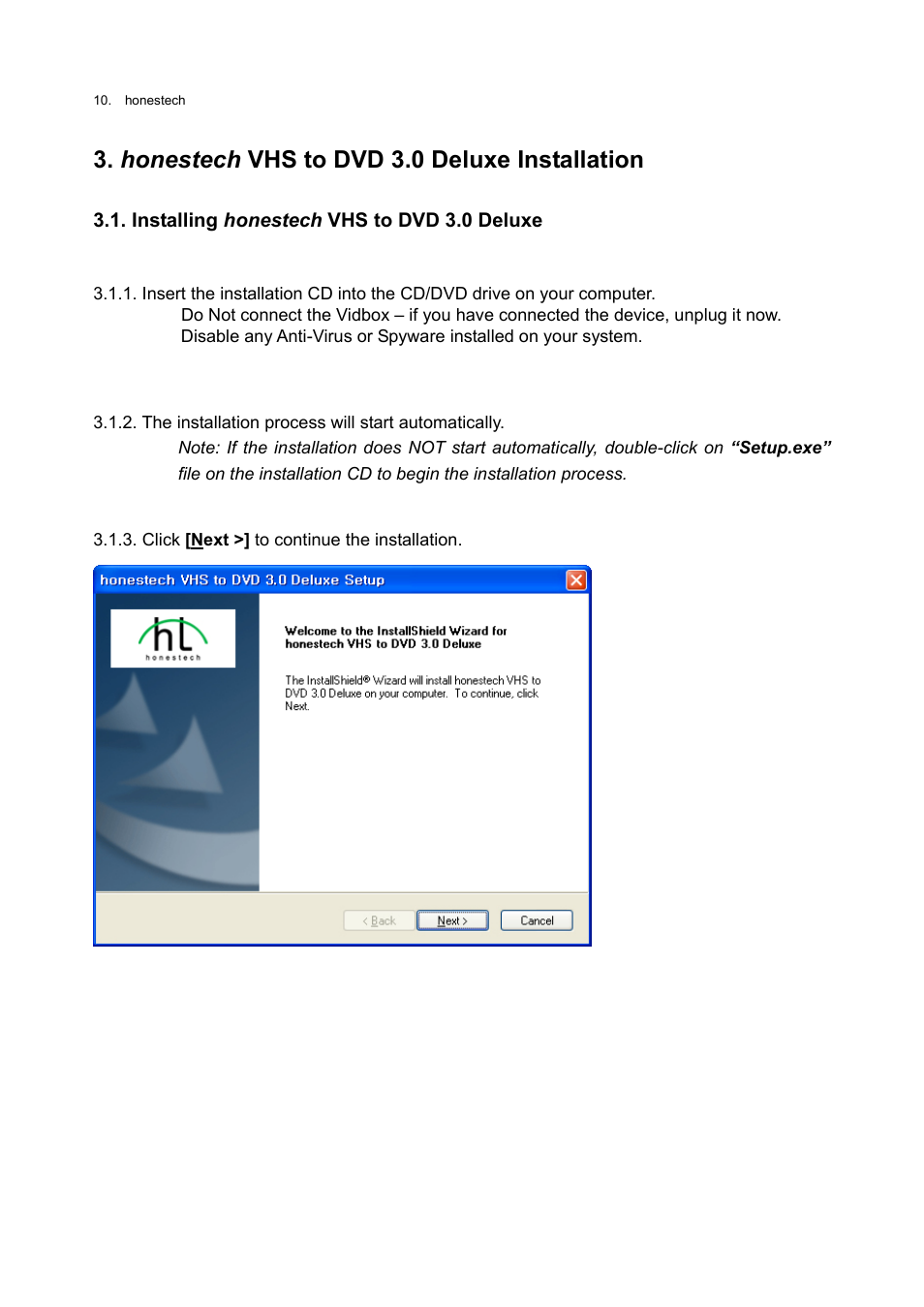 Honestech vhs to dvd 3.0 deluxe installation, Installing honestech vhs to dvd 3.0 deluxe | Honestech VHS to DVD 3.0 Deluxe User Manual | Page 10 / 83