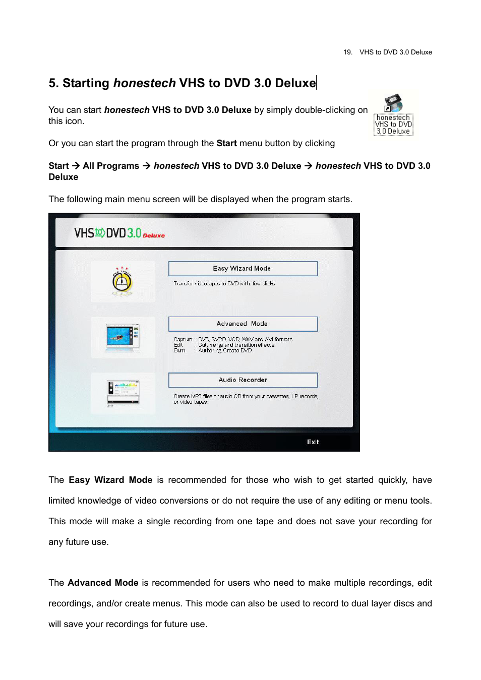 Starting honestech vhs to dvd 3.0 deluxe | Honestech VHS to DVD 3.0 Deluxe User Manual | Page 19 / 83