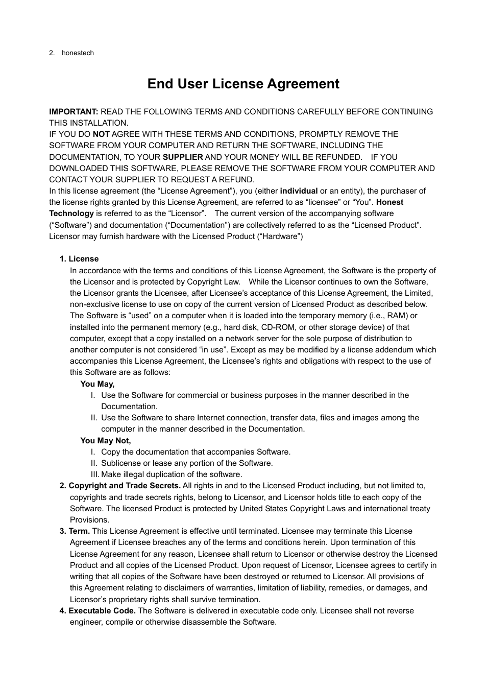 End user license agreement | Honestech VHS to DVD 3.0 Deluxe User Manual | Page 2 / 83