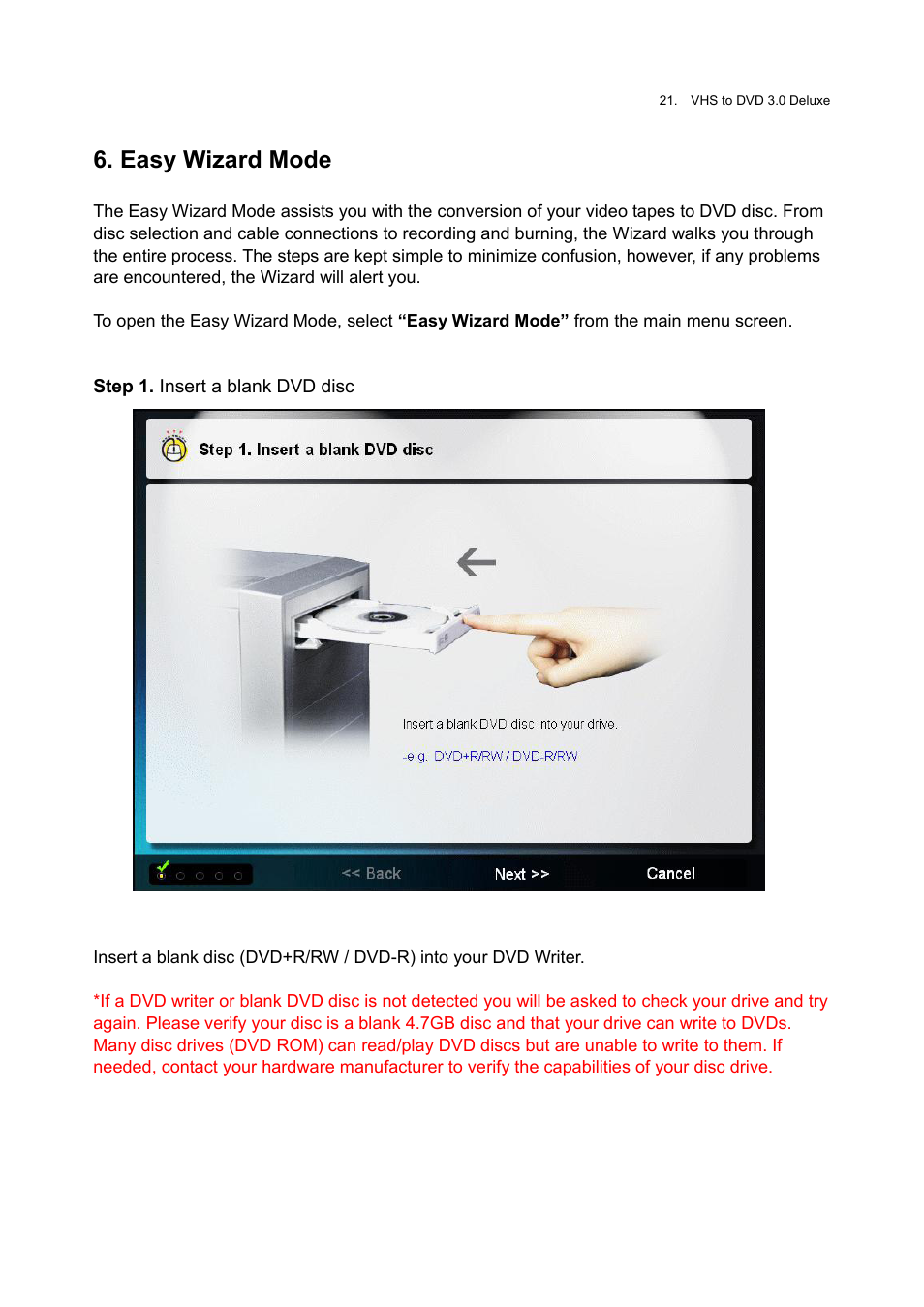 Easy wizard mode, Step 1. insert a blank dvd disc | Honestech VHS to DVD 3.0 Deluxe User Manual | Page 21 / 83