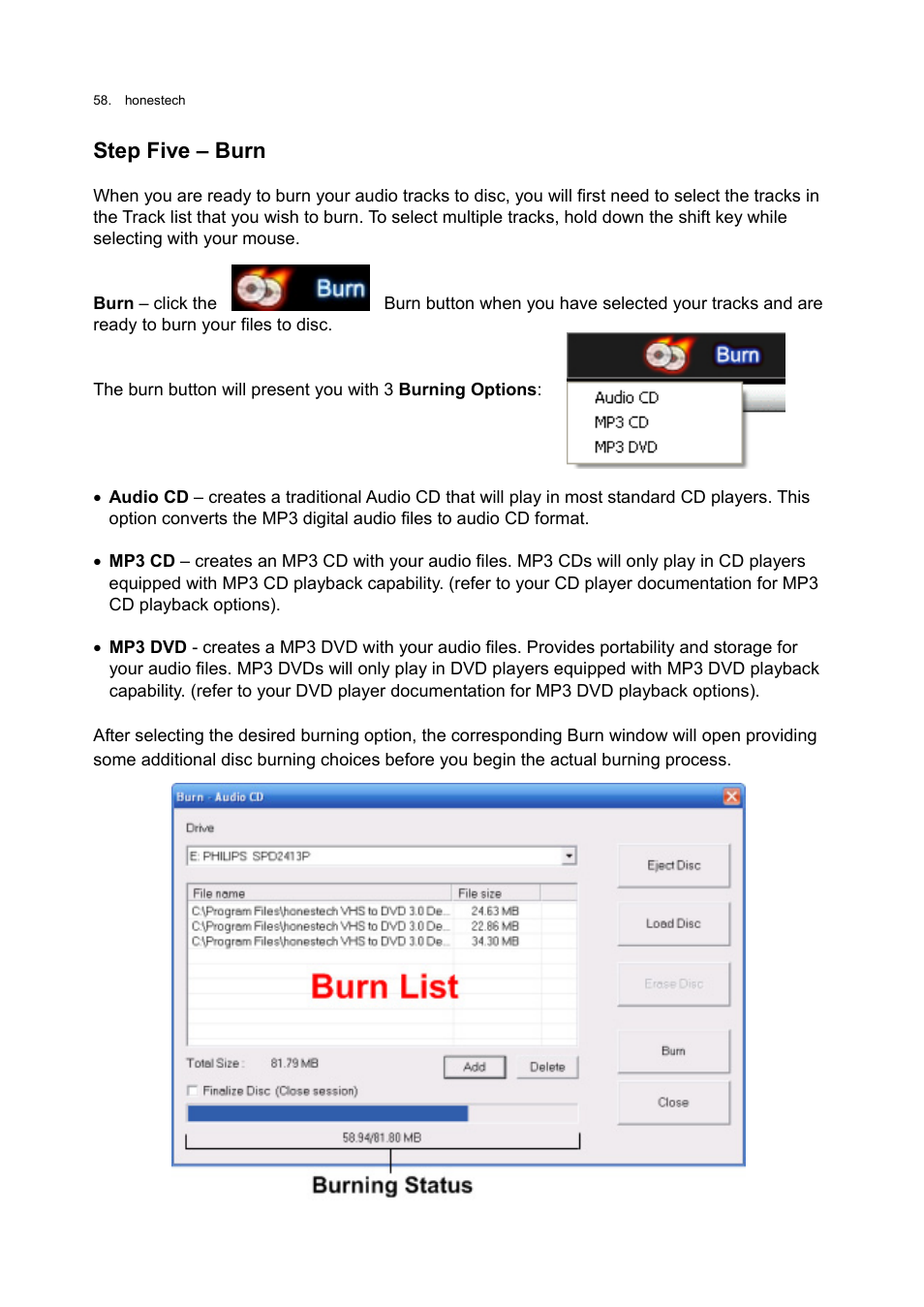 Step five – burn | Honestech VHS to DVD 3.0 Deluxe User Manual | Page 58 / 83