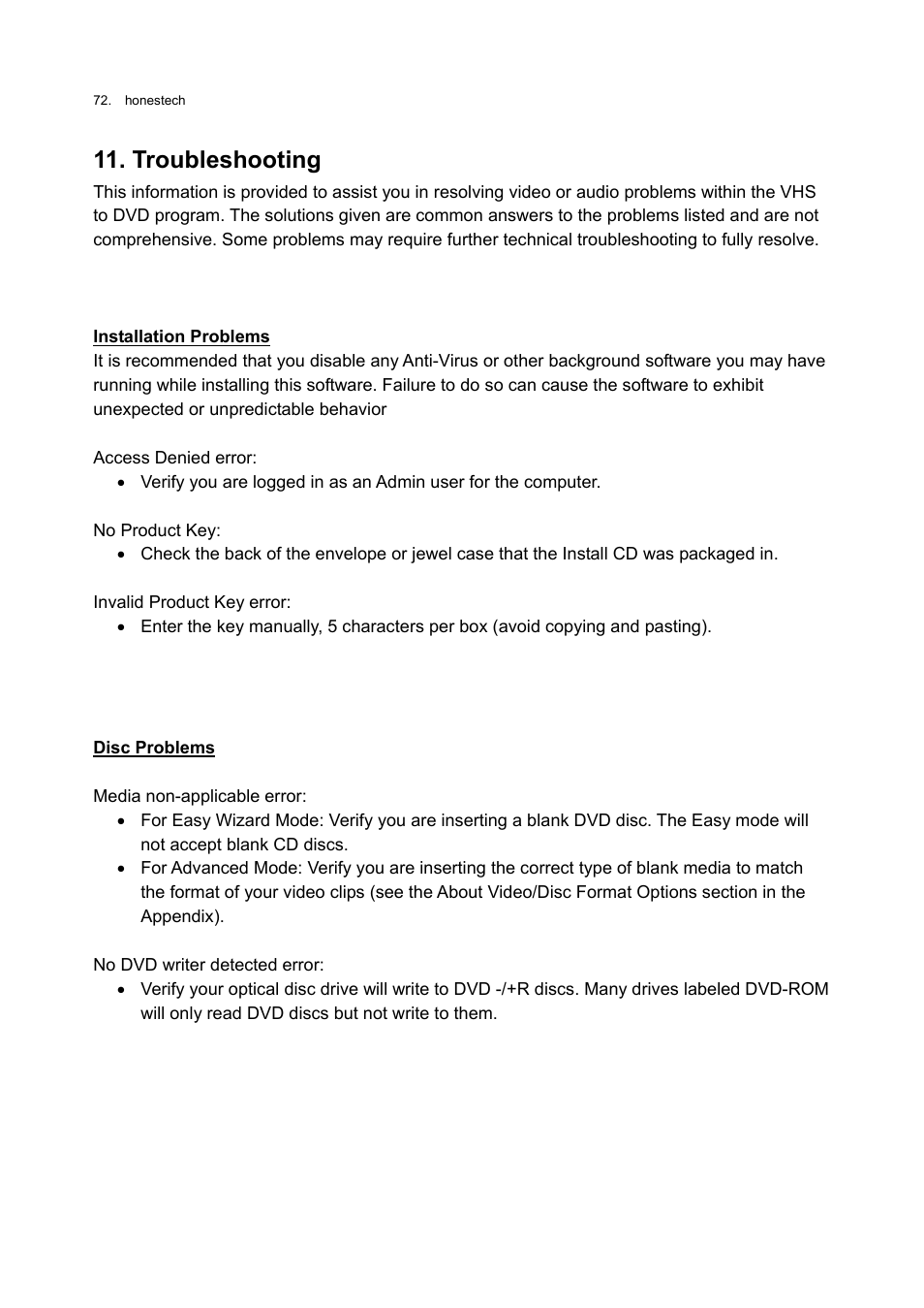 Troubleshooting | Honestech VHS to DVD 3.0 Deluxe User Manual | Page 72 / 83