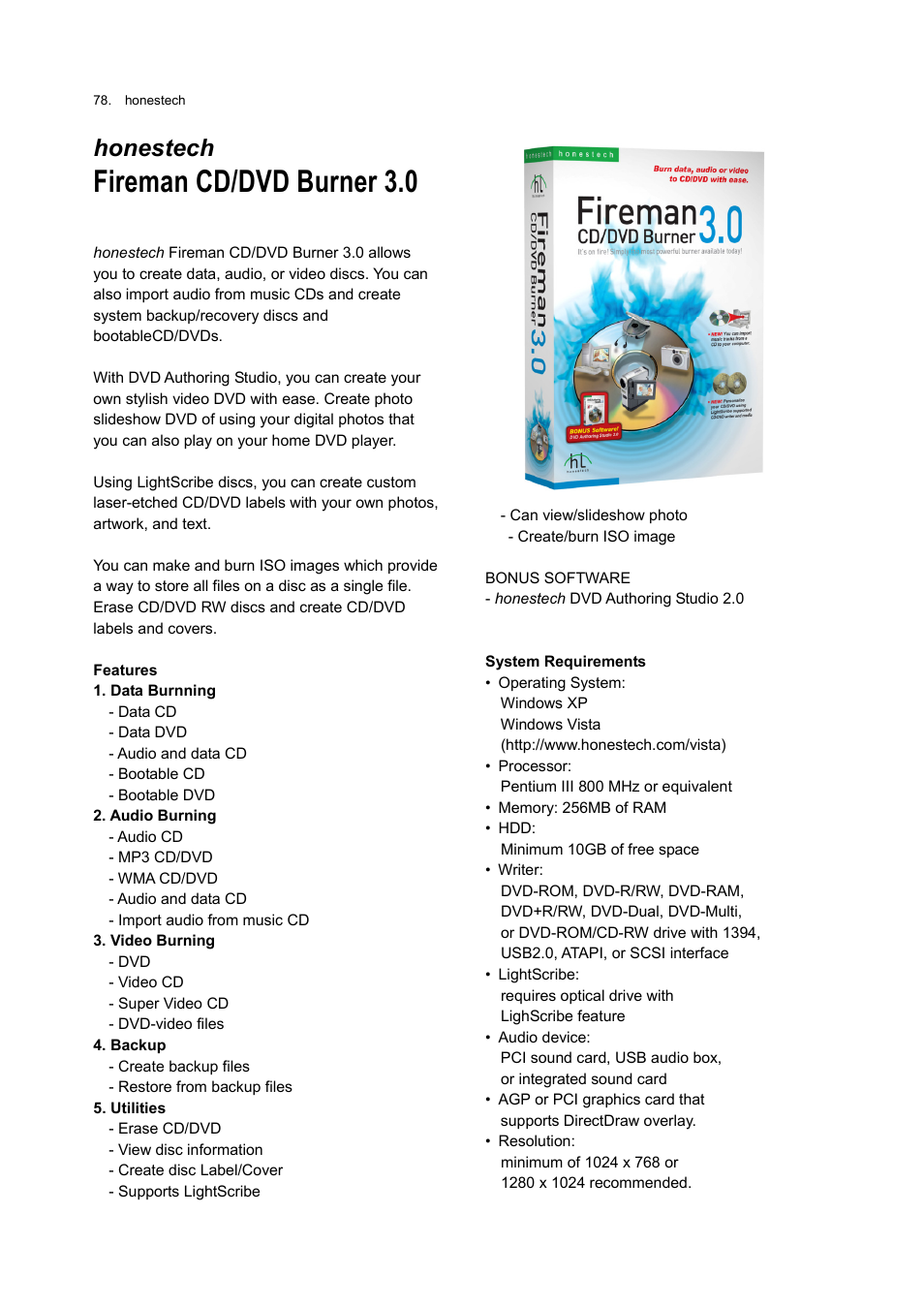 Fireman cd/dvd burner 3.0, Honestech | Honestech VHS to DVD 3.0 Deluxe User Manual | Page 78 / 83