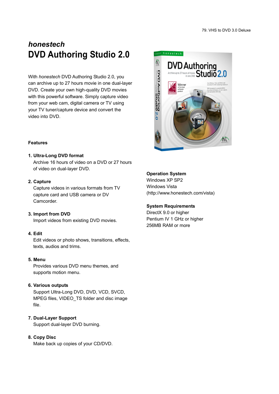 Dvd authoring studio 2.0, Honestech | Honestech VHS to DVD 3.0 Deluxe User Manual | Page 79 / 83
