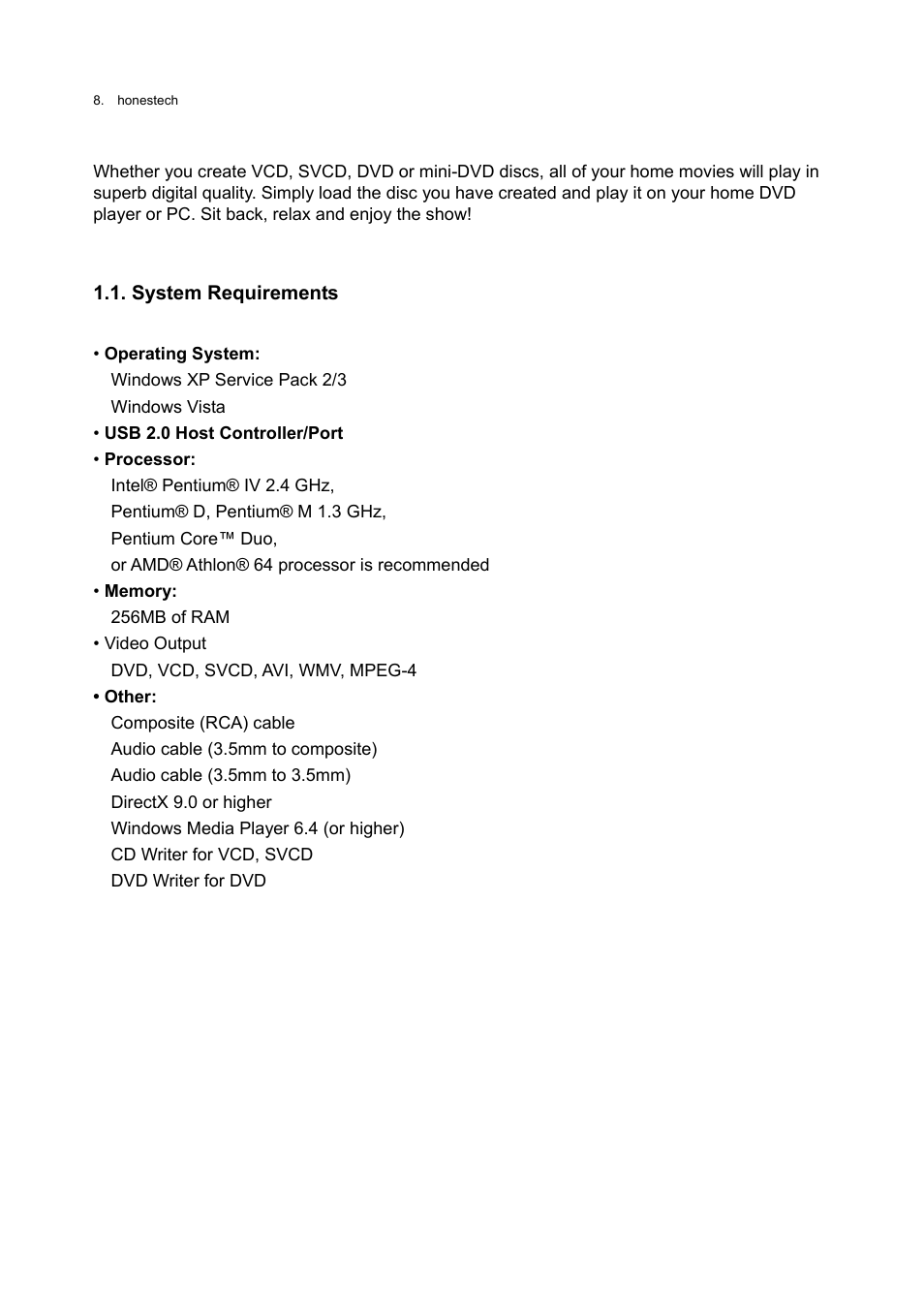 System requirements | Honestech VHS to DVD 3.0 Deluxe User Manual | Page 8 / 83