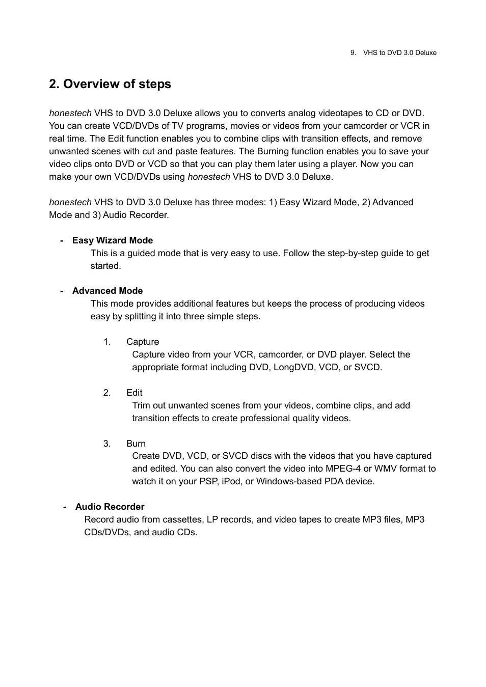 Overview of steps | Honestech VHS to DVD 3.0 Deluxe User Manual | Page 9 / 83