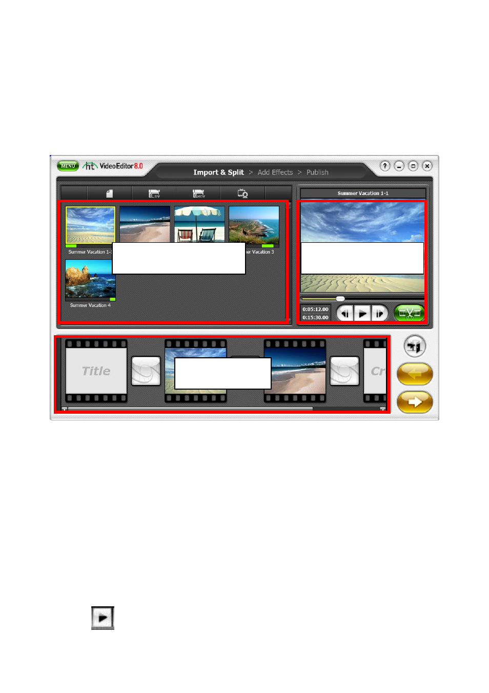 Split and arrange clips, Video clip board storyboard, Preview screen | Honestech Video Editor 8.0 User Manual | Page 20 / 86