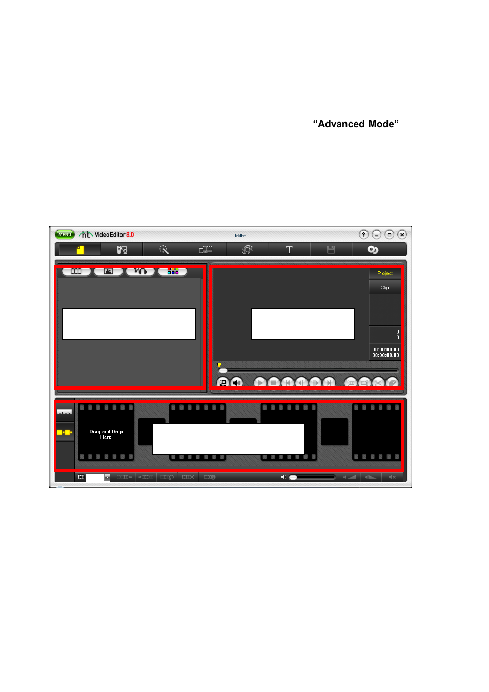 Advanced mode of honestech video editor 8.0, Video clip board storyboard/timeline, Edit window | Honestech Video Editor 8.0 User Manual | Page 34 / 86