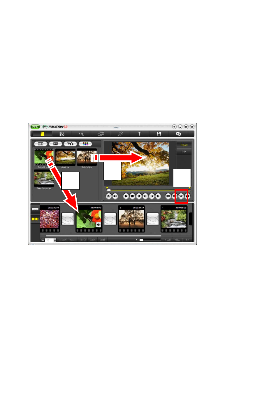 Adding clips to the storyboard or timeline, Adding video clips, Ca b | Honestech Video Editor 8.0 User Manual | Page 44 / 86