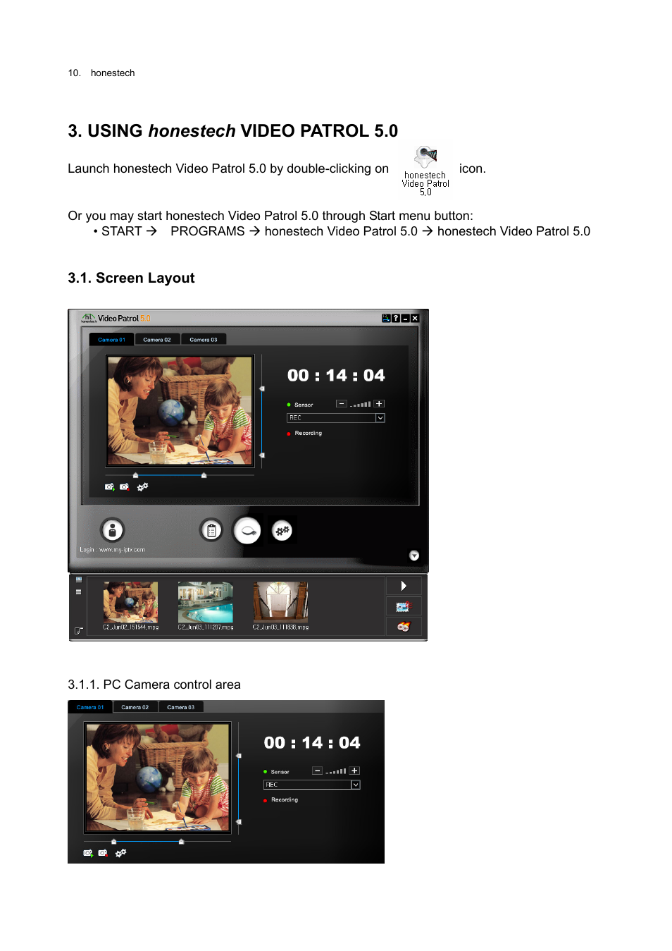 Using honestech video patrol 5.0, Screen layout | Honestech Video Patrol 5.0 User Manual | Page 10 / 55