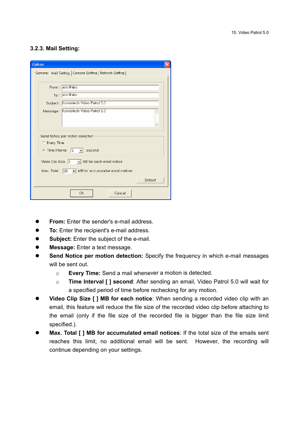 Mail setting | Honestech Video Patrol 5.0 User Manual | Page 15 / 55