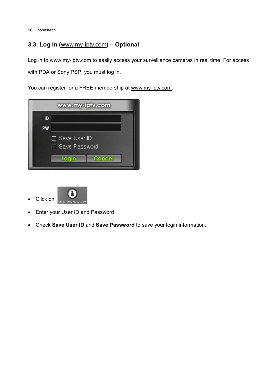 Log in (www.my-iptv.com) – optional | Honestech Video Patrol 5.0 User Manual | Page 18 / 55