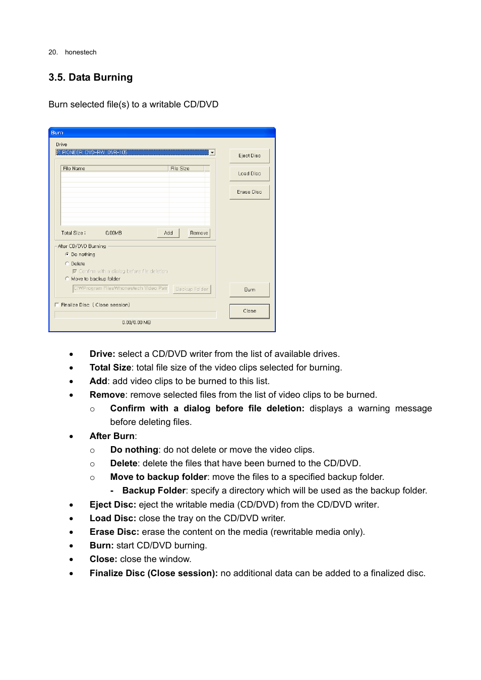 Data burning | Honestech Video Patrol 5.0 User Manual | Page 20 / 55