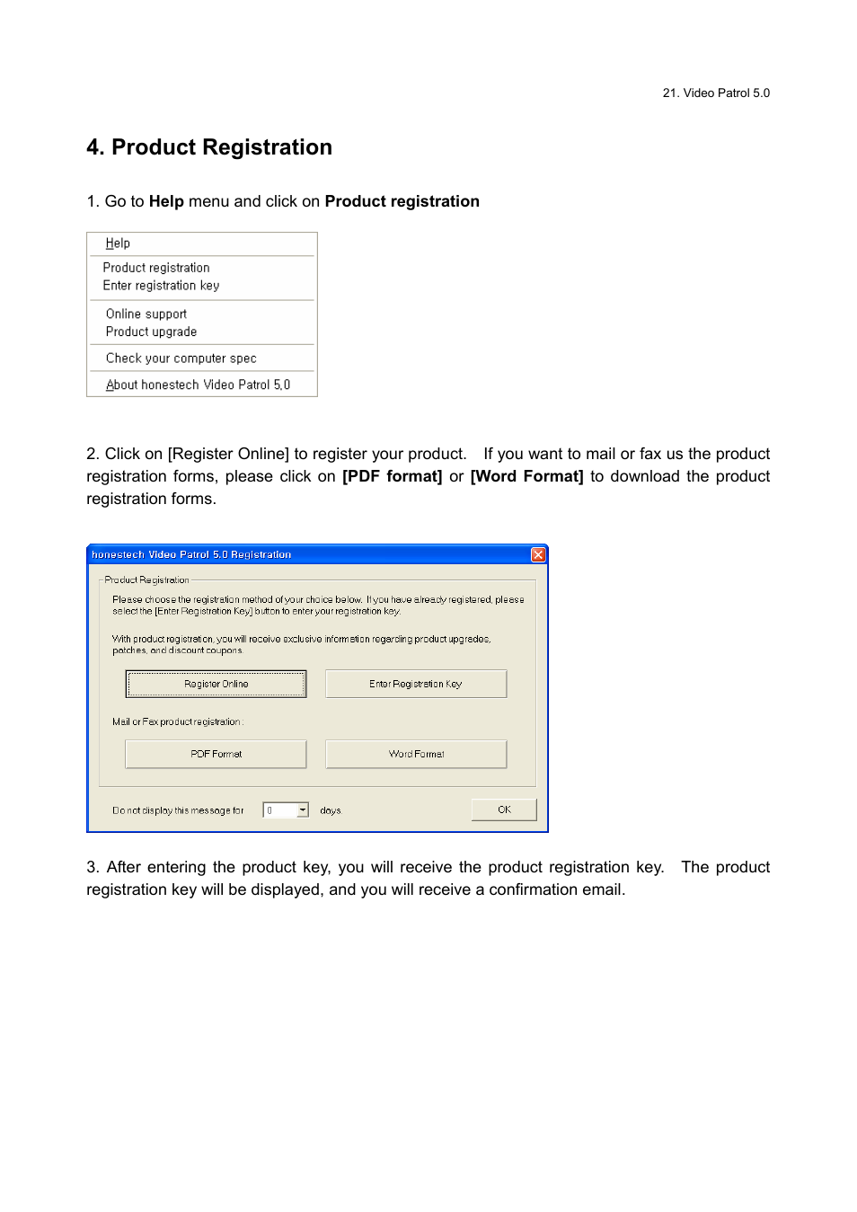 Product registration, Istration, Product reg | Honestech Video Patrol 5.0 User Manual | Page 21 / 55