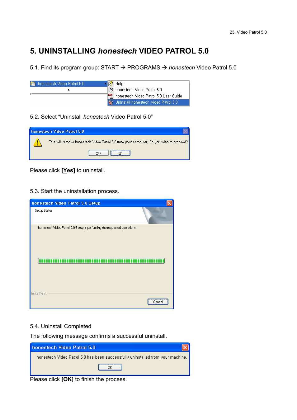 Uninstalling honestech video patrol 5.0 | Honestech Video Patrol 5.0 User Manual | Page 23 / 55