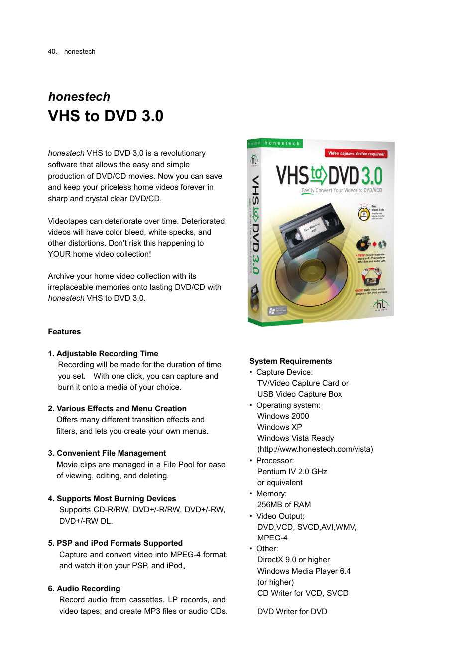 Vhs to dvd 3.0, Honestech | Honestech Video Patrol 5.0 User Manual | Page 40 / 55