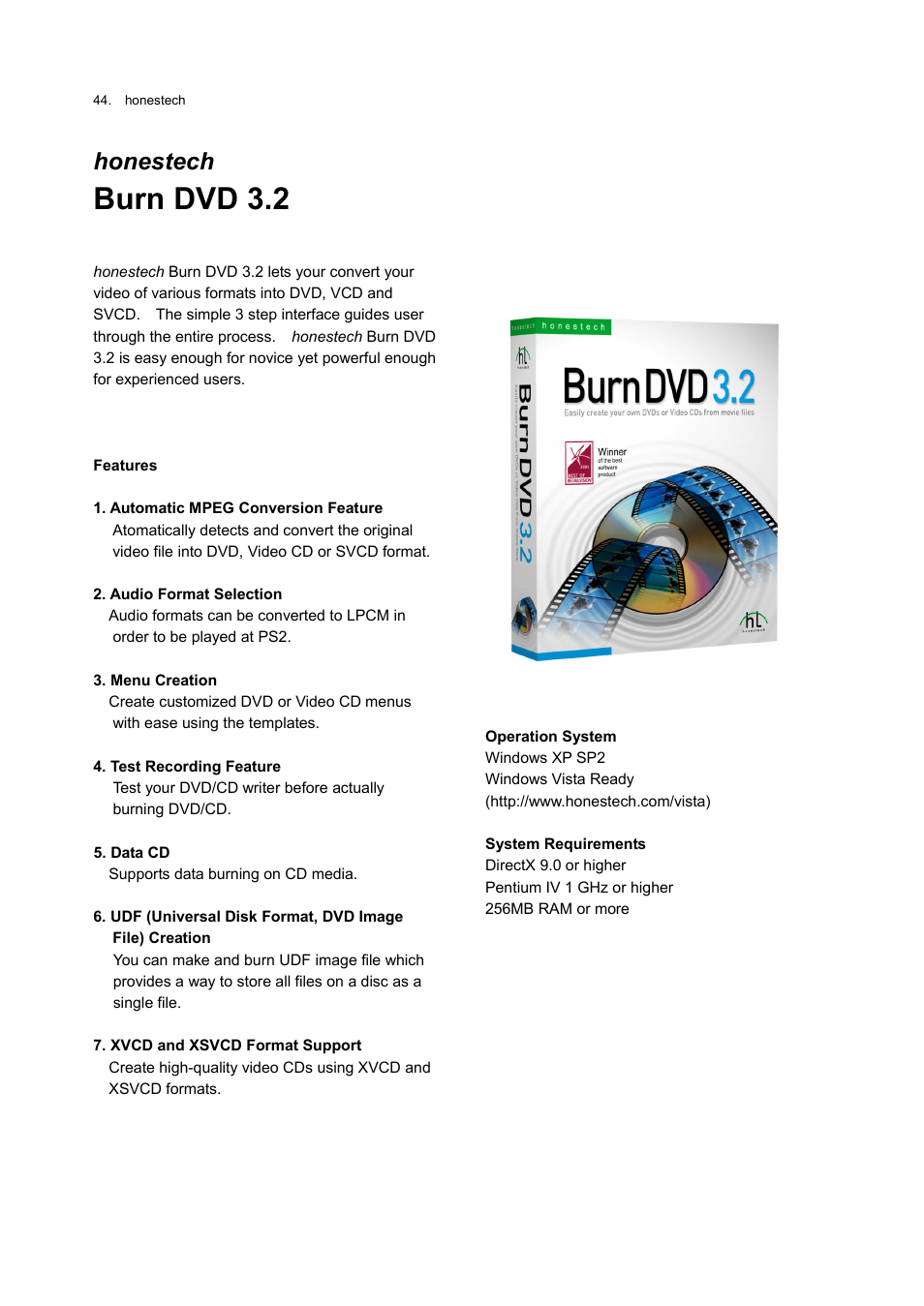 Burn dvd 3.2, Honestech | Honestech Video Patrol 5.0 User Manual | Page 44 / 55