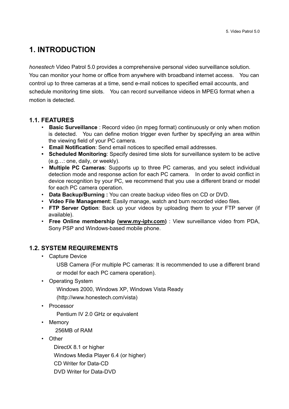 Introduction, Features, System requirements | Honestech Video Patrol 5.0 User Manual | Page 5 / 55