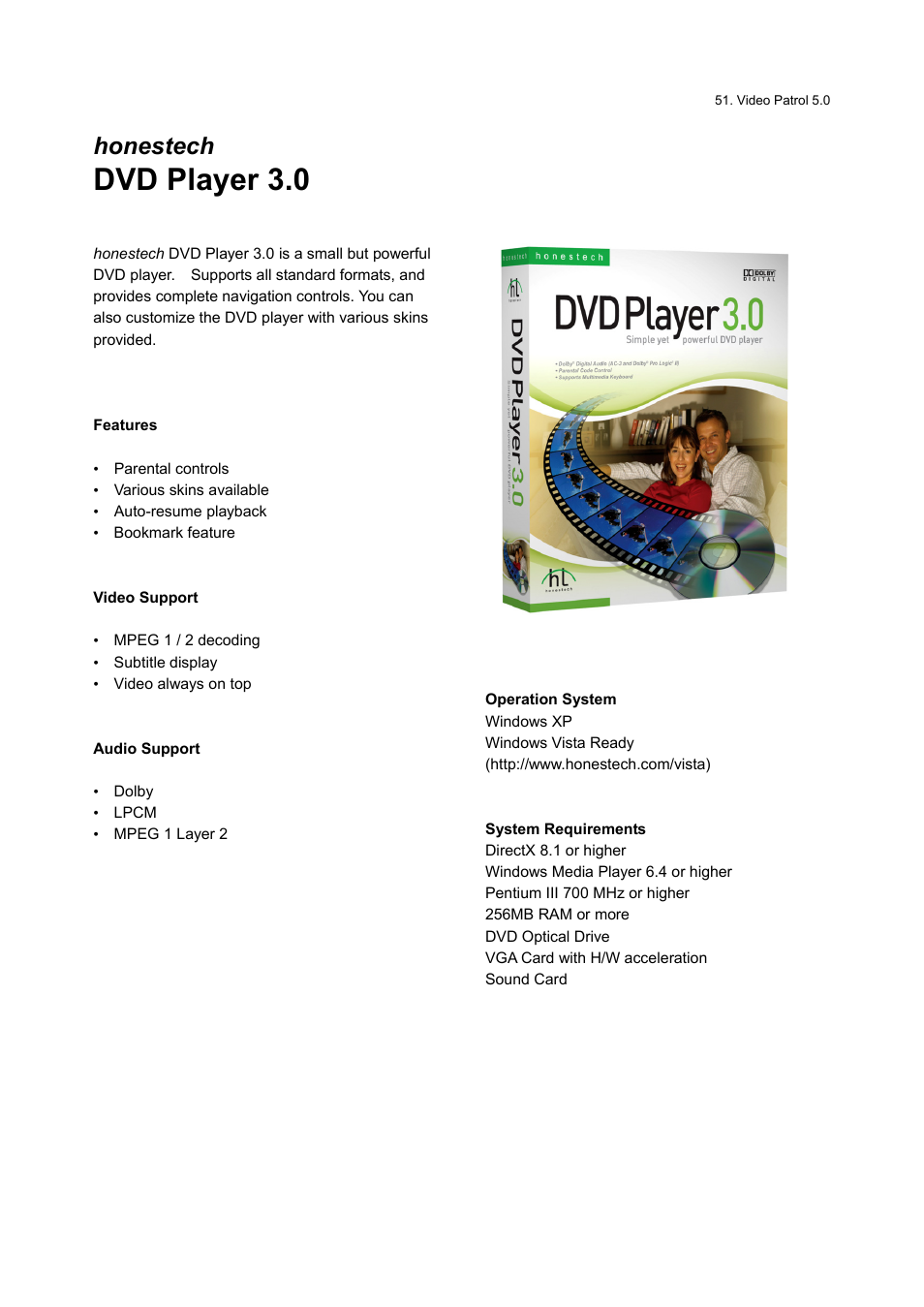 Dvd player 3.0, Honestech | Honestech Video Patrol 5.0 User Manual | Page 51 / 55